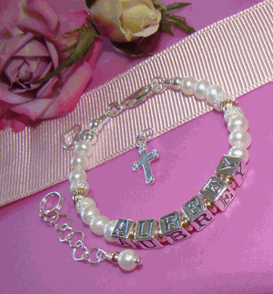 White Freshwater Pearls and Gold Twists Baptism Charm Name Religious Bracelet