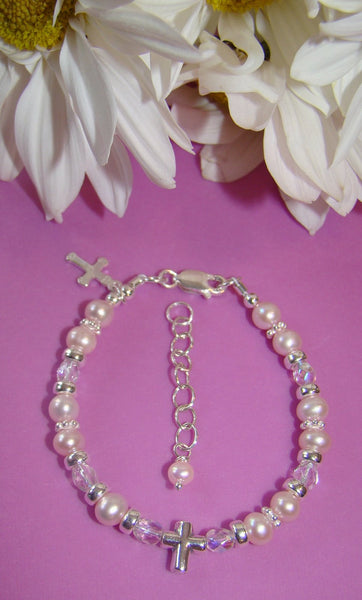 Light Pink Freshwater Pearls Baby Baptism Cross Charm Bead Religious Bracelet