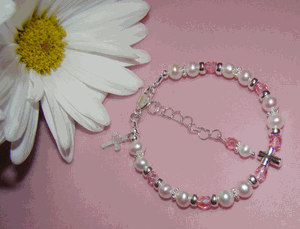 White Natural Pearls Cross Baby Baptism October Rose Pink Birthstone Charm Religious Bracelet