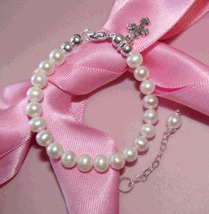 White Round Pearls Freshwater Cultured Baptism Scroll Cross Baby Child Religious Bracelet 